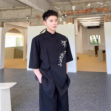 夏季改良新中式盘扣衬衫男短袖小众竹子刺绣设计感复古中国风衬衣