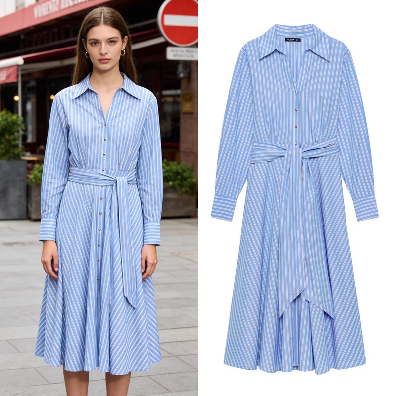 Z Brand Foreign Trade Cross-Border In-Stock European and American Style Women's Clothing 2026 Spring New Shirt-Style Dress with Belt Long Dress Z Brand Foreign Trade Cross-Border In-Stock European and American Style Women's Clothing 2026 Spring New Shirt-Style Dress with Belt Long Dress