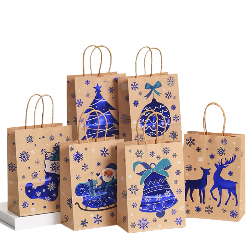现货新款蓝色烫金圣诞牛皮纸袋派对印花糖果袋节日礼品袋跨境批发