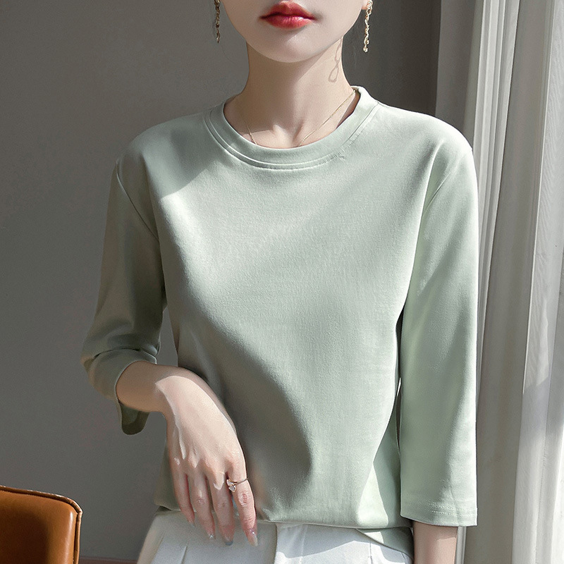 Spring and Summer 2025 New Ice Cool Pure Cotton Round Neck Knitted Seven-point Sleeve T-Shirt Solid Color Loose Pullover Base Shirt for Women