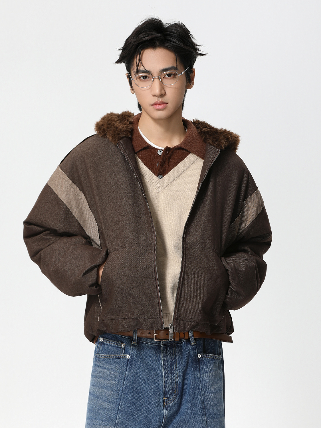 MTLCLOTHES Hombres| Retro empalme peluche capuchonado color lienzo herramientas de algodón intercalado abrigo de algodón