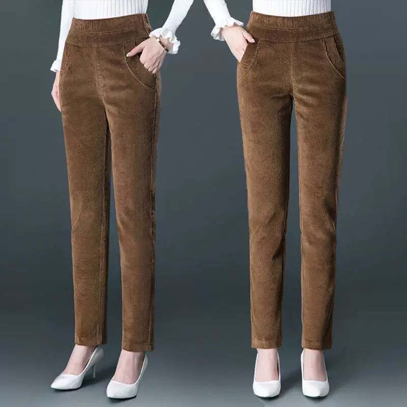 Толстые осенне-зимние вельветовые брюки на флисовой подкладке, женские брюки для мам с высокой талией, женские брюки среднего и пожилого возраста, вельветовые повседневные Прямые брюки