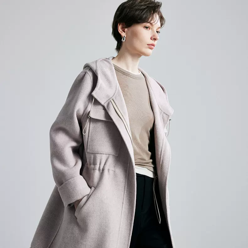手工双面呢外套女2025秋冬新款小个子穿搭连帽100%羊毛中长款大衣