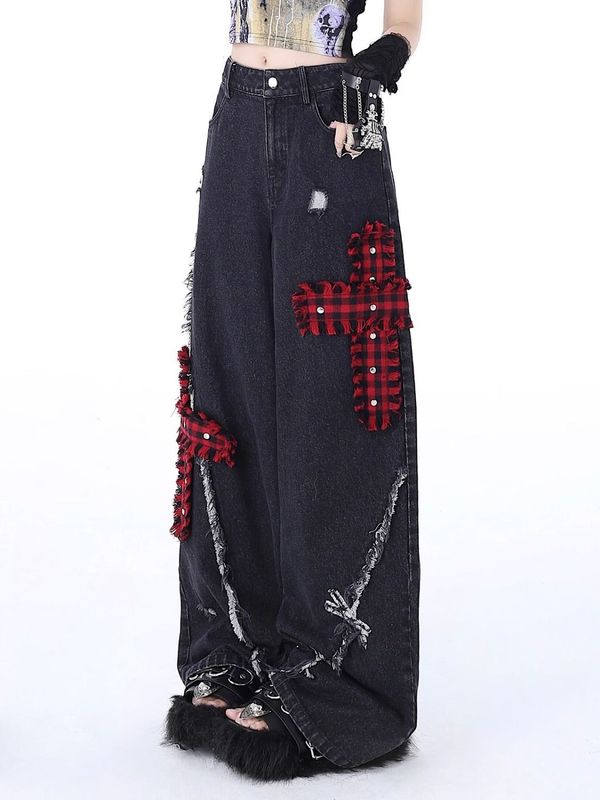 ロックパンクの穴を割ったストレートのワイドジーンズの女性の春の新型の高腰のゆったりとした刺繍のペンダント感があります。|undefined