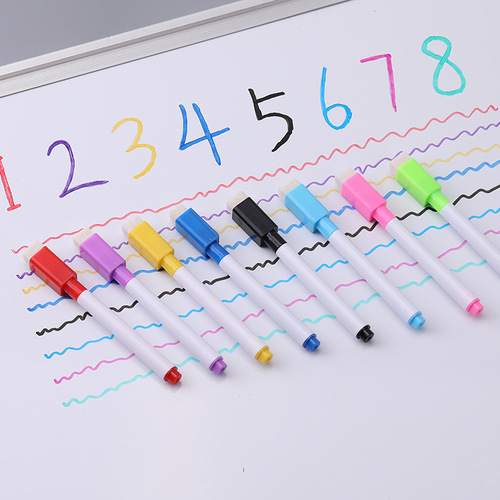 儿童白板笔 可擦写彩色记号笔水性细笔黑色带刷磁性8色白板笔批发