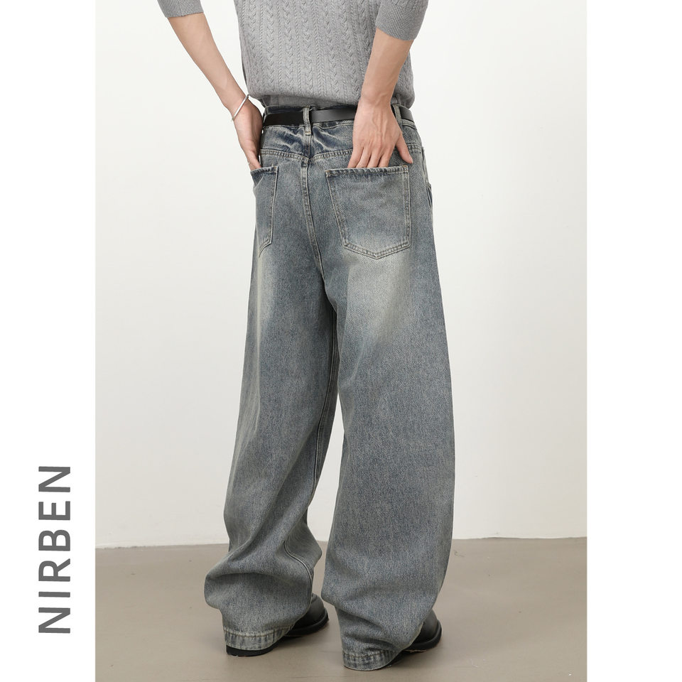 Quần jean nam ống rộng lưng giữa, dáng suông thẳng, denim mềm phong cách retro — màu xanh