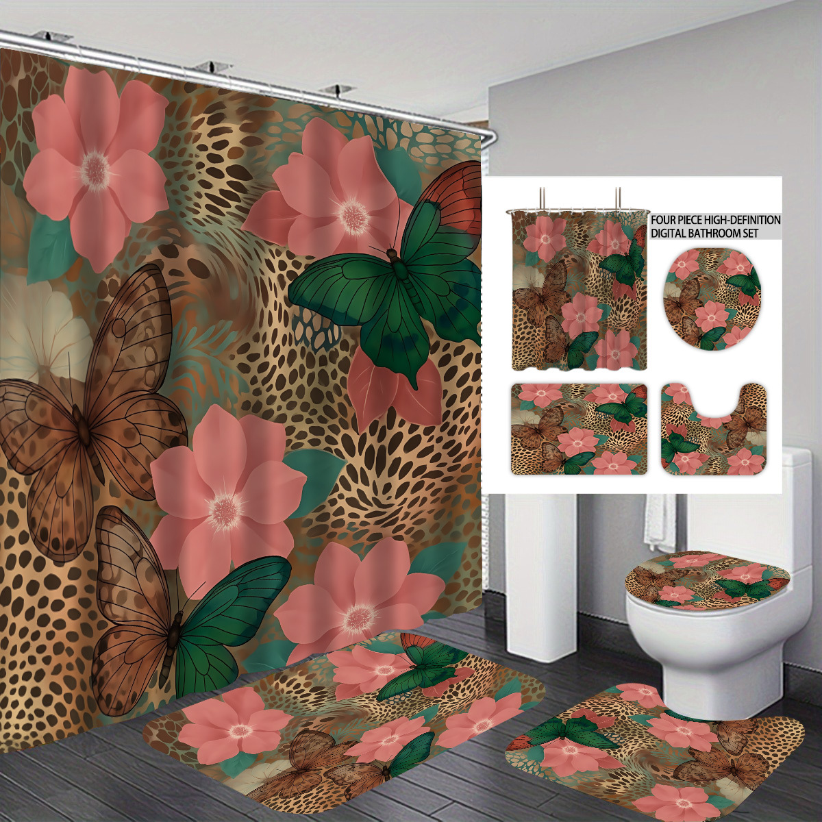 Agente de poliéster Mei Ke más cortina de baño impermeable serie de agua floral 3D impresión digital cortina de baño cuatro piezas alfombra absorbente