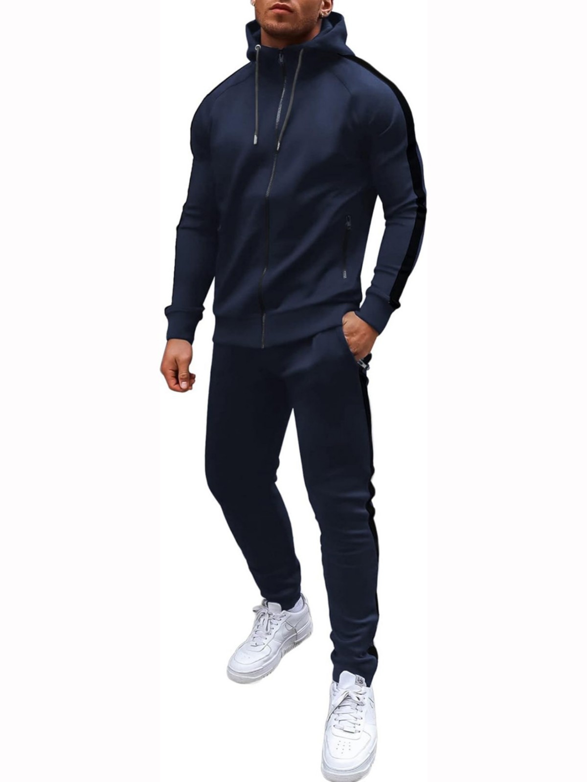 欧米の男性カジュアルスポーツスーツファッションジッパーフードコートフィットネスパンツ男女ランニング2点セット