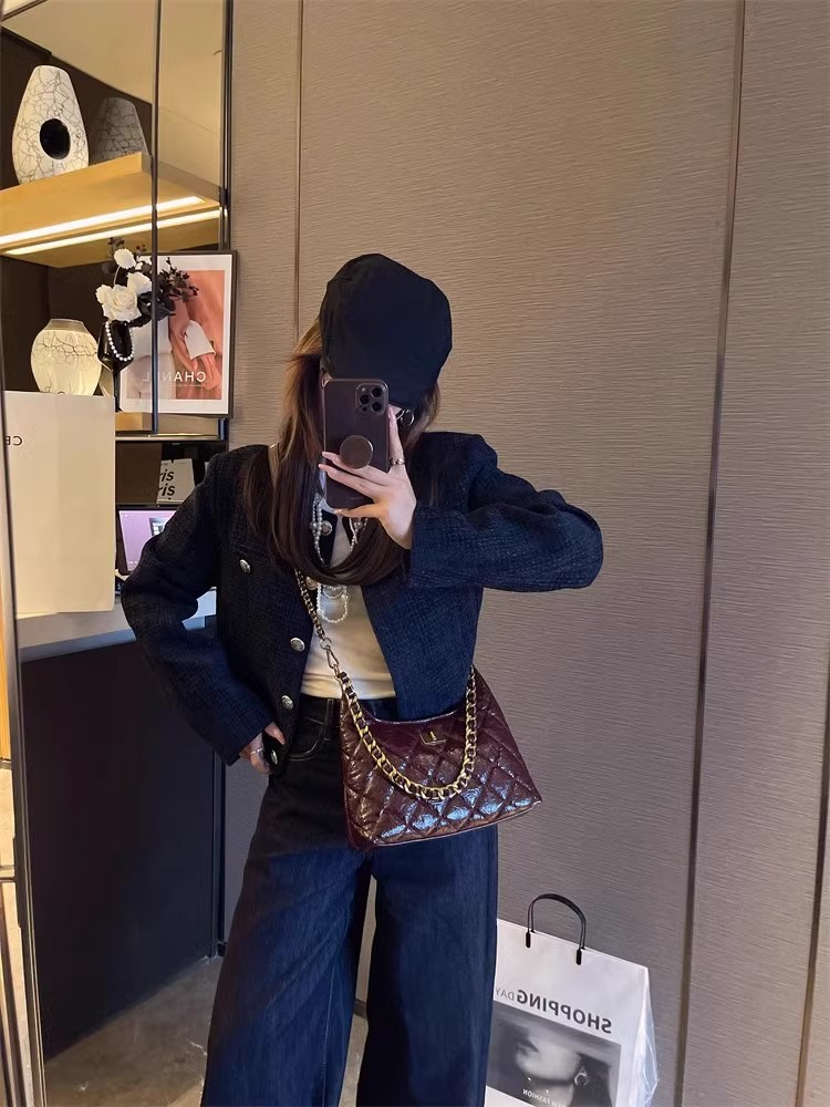 Túi tote nữ da thật kiểu tweed đeo chéo dây xích chần bông — Màu đen, Đỏ Ancora, Cà phê Mocha, Màu nâu chi tiết 6