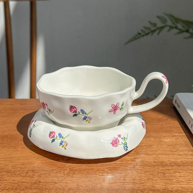 跨境热卖ins风 陶瓷高脚花朵咖啡杯碟小众下午茶碎花拿铁杯高颜值|undefined
