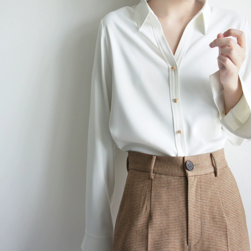 JO-JO-Z тяжелая маленькая белая рубашка с v-образным вырезом и длинными рукавами, осенняя ретро-дизайн с металлической пряжкой, хорошая драпировка и шикарная верхняя одежда