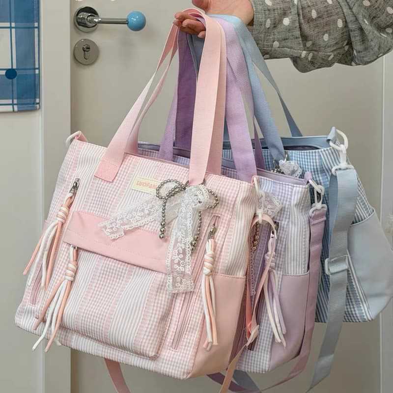 Plaid Lace Tote Bag, Multi-Functional Wide-Shoulder Shoulder Bag, Large-Capacity Cross-Body Dual-Use Commuter Bag for Students Attending Class