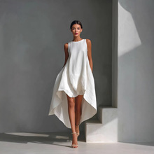 2026年欧美亚马逊独立站春棉麻前短后长不规则连衣裙无袖度假女装