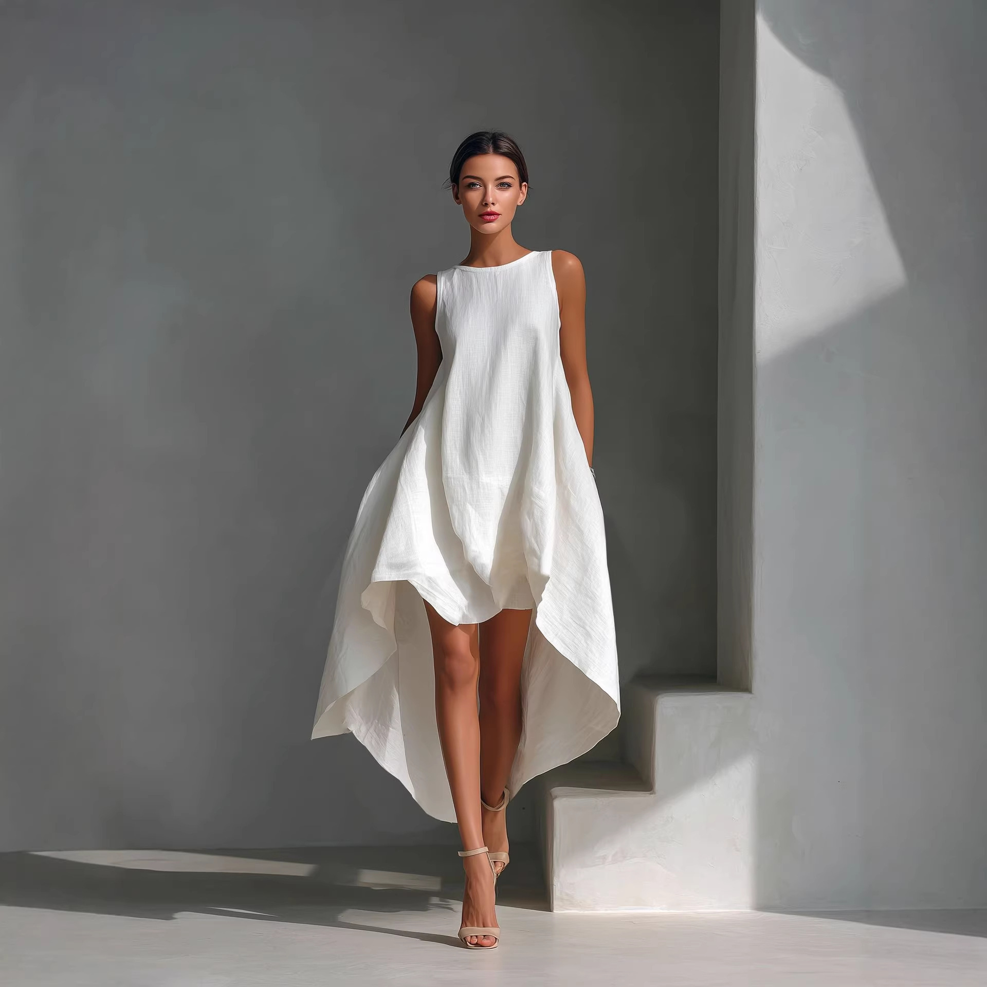 2026年欧美亚马逊独立站春棉麻前短后长不规则连衣裙无袖度假女装