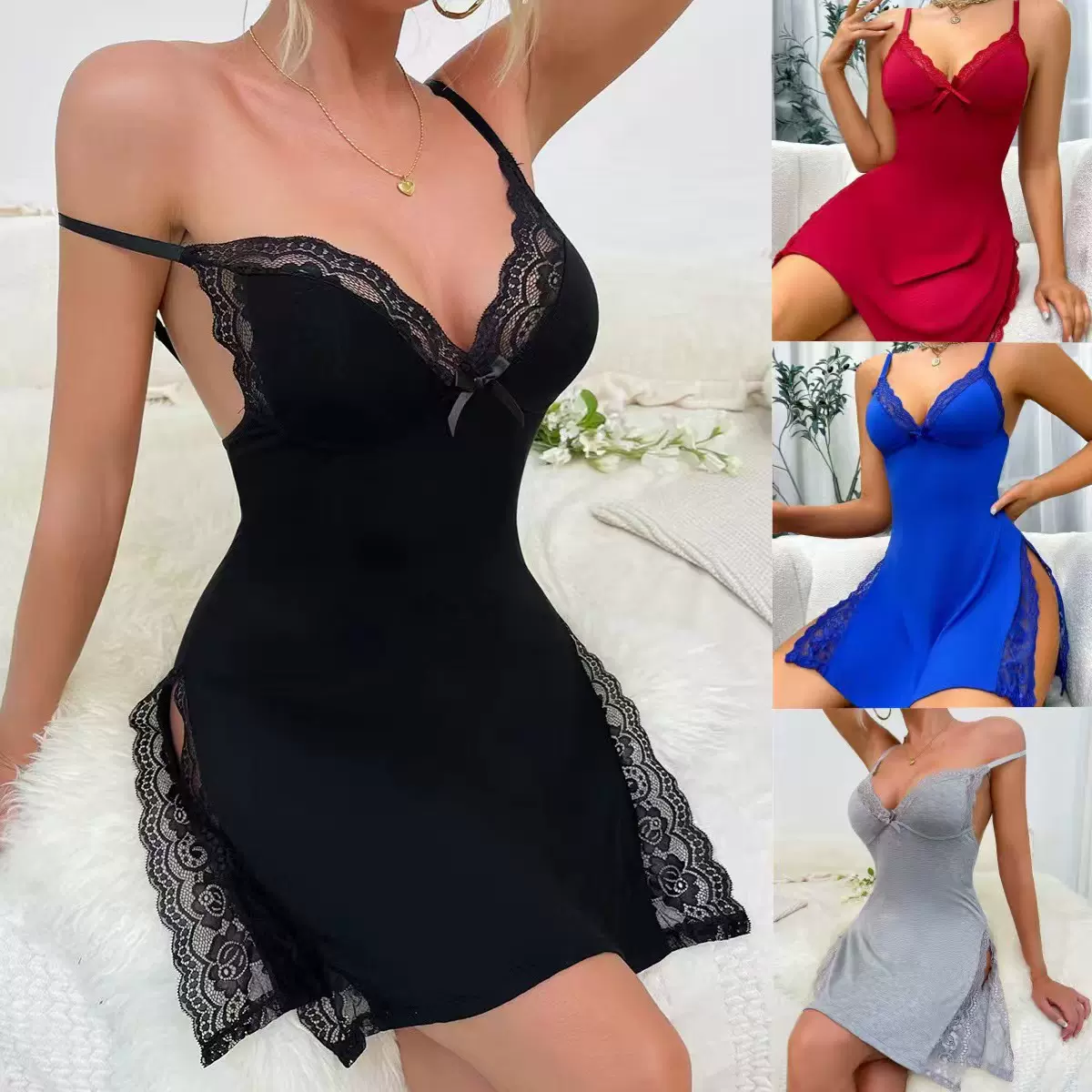 欧美亚马逊/TEMU外贸情趣内衣工厂性感开叉非莫代尔睡衣Sleepwear