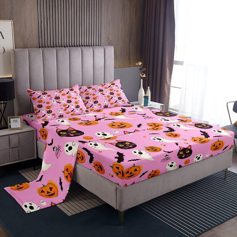 Cross-Border Four-Piece Fitted Sheet Set Halloween Ghost Pumpkin Head Fitted Sheet Bedroom Guest Room Dormitory Bedding Decoration