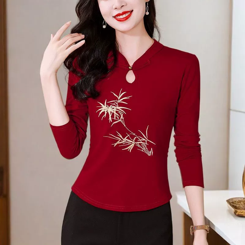 Новая китайская стильная облегающая майка 2025 осень новая чеонгсам с воротником на пуговицах ретро длинный рукав футболка