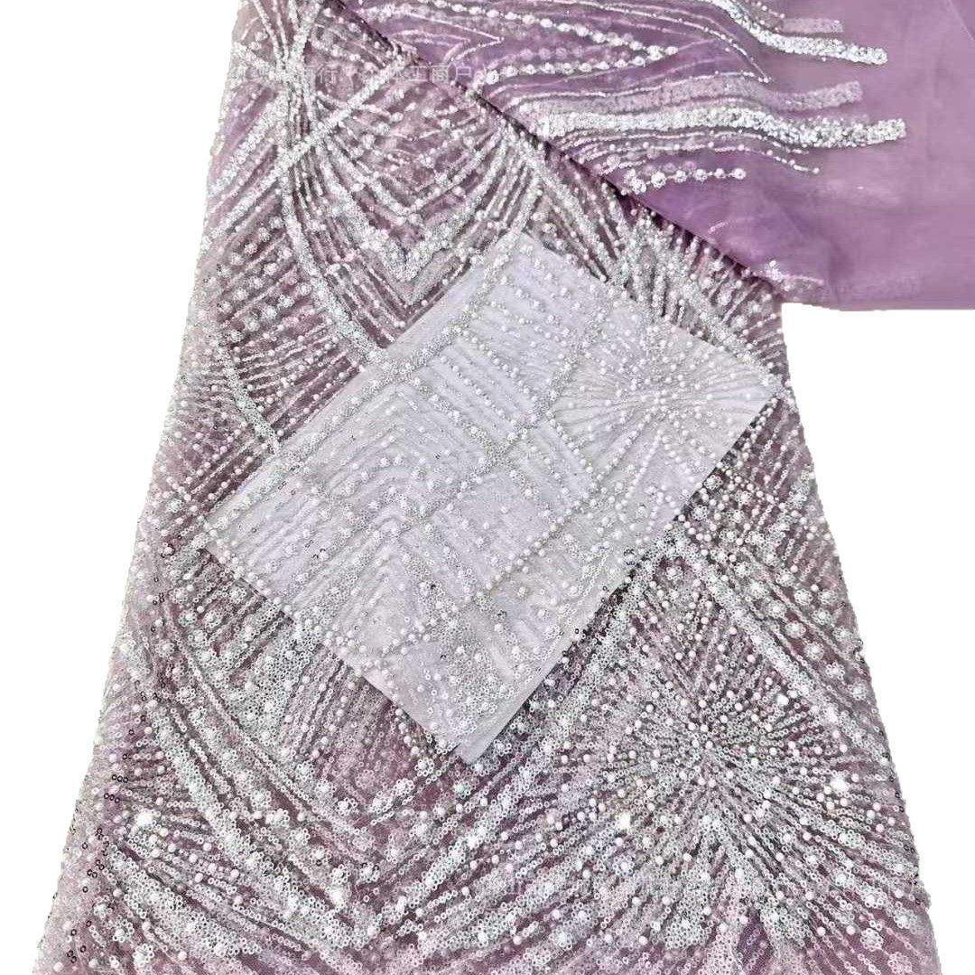 Tejido de bordado de tubo de cuentas Tejido de abalorios de malla Tejido de vestido de novia de mujer de lujo ligero de alta calidad europeo y americano