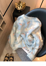 蓝色钉珠亮片马海毛毛衣女2025秋季新款慵懒风软糯别致减龄针织衫