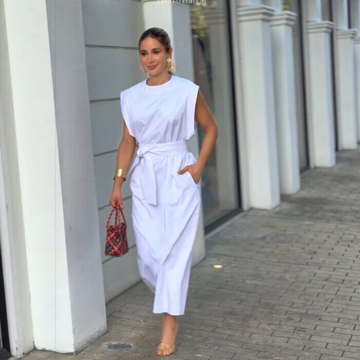 2026 Summer New Style European and American Vacation Pure White Simple Dress for Women, Fashionable and Elegant Tie-Up Long Dress for Women 2026 Summer New Style European and American Vacation Pure White Simple Dress for Women, Fashionable and Elegant Tie-Up Long Dress for Women