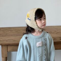 宝宝冬季保暖包头毛线帽甜美刺绣花朵针织帽复古护耳儿童发带头饰