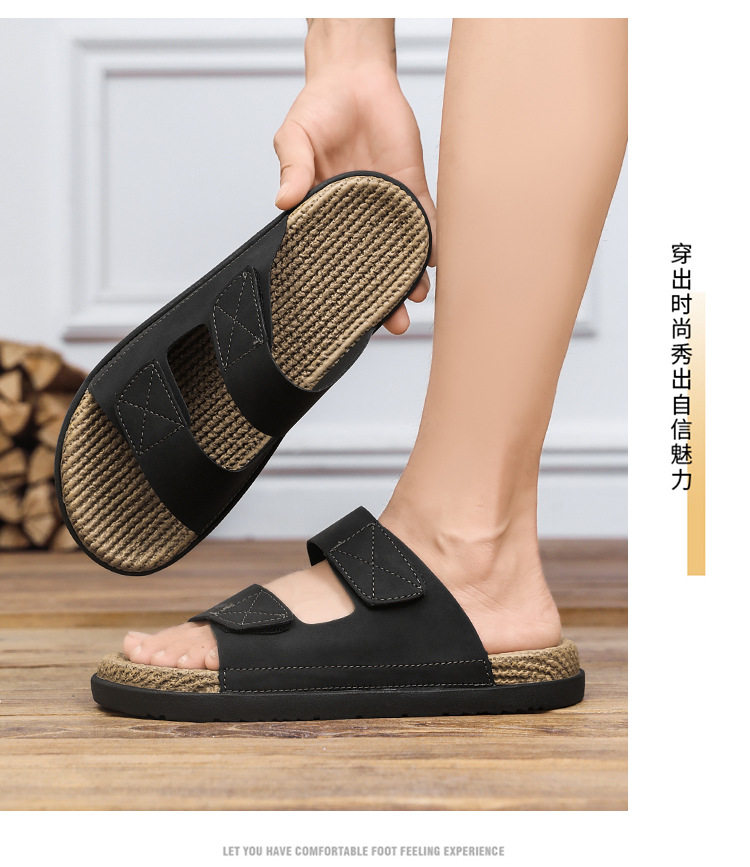 Dép lê quai ngang nam da nhân tạo đế mềm chống trượt, cỡ lớn đi ngoài trời mùa hè — Kaki, Màu be, Màu đen chi tiết 10