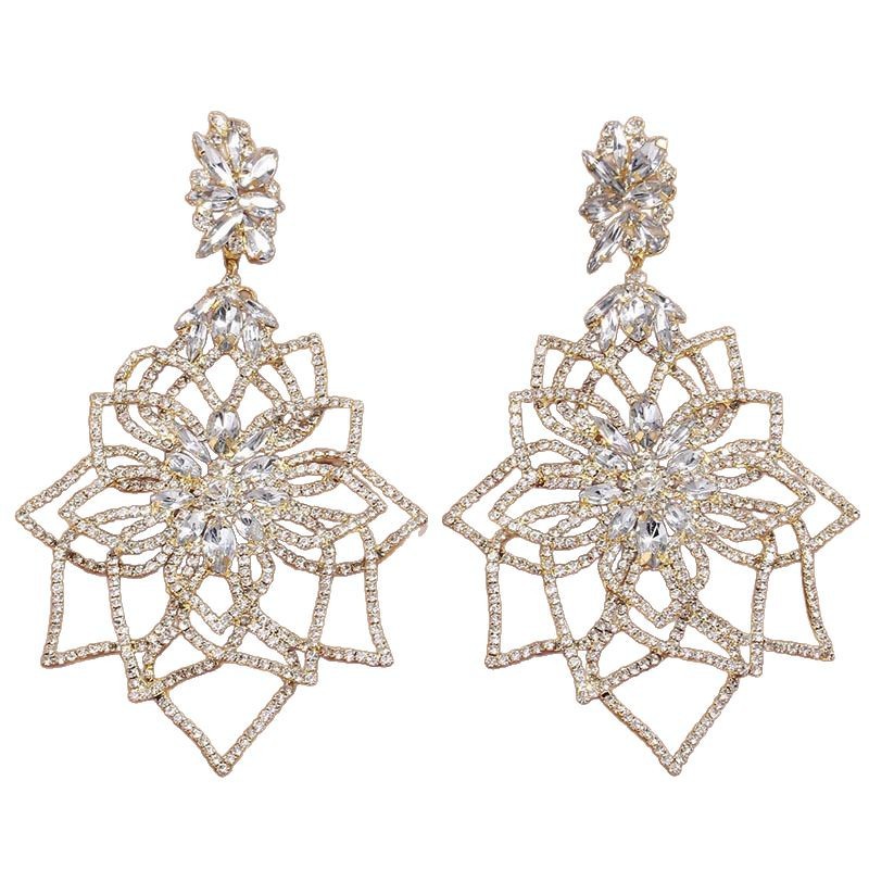 Europa y los Estados Unidos venden flores grandes diamantes exagerados retró alto sentido largo pendientes de boda pendientes de banquete