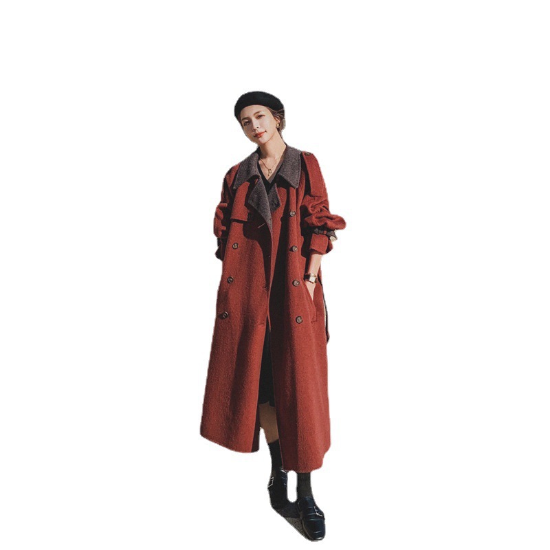 Brick Red Long Woolen Coat for Women's 2023 Winter Hot Selling New Thickened Korean High-end Feeling Hepburn Style Woolen Coat_voghion.com