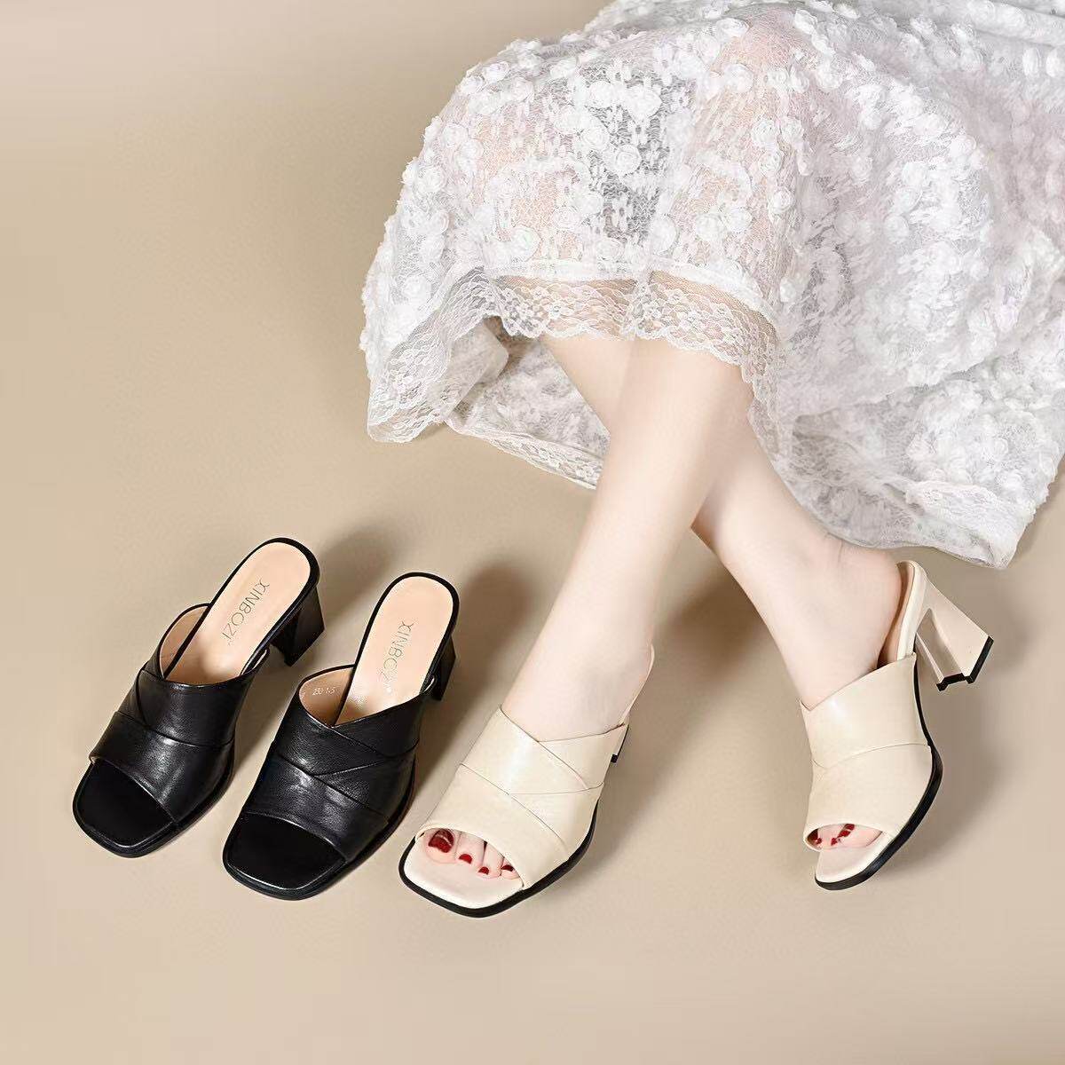 Sandal peep toe nữ gót vuông da thật đế mềm chống trượt — màu be