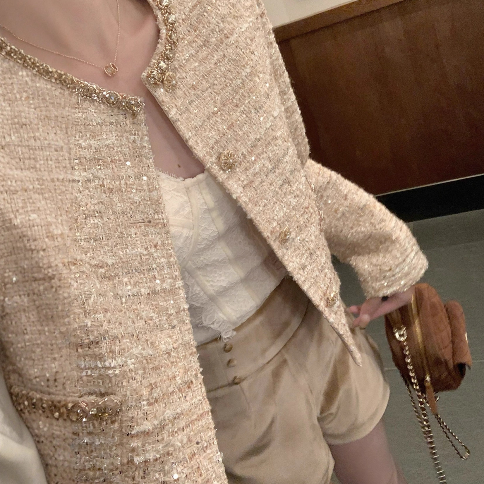 2025 Heavy-Duty Studded Woven Tweed Cardigan French-Style Pink Rhinestone Woolen Elegant Short Coat