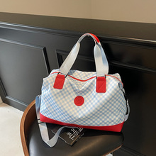 跨境日韩旅行包女夏季小清新斜方格行李袋学生健身包手提运动包男