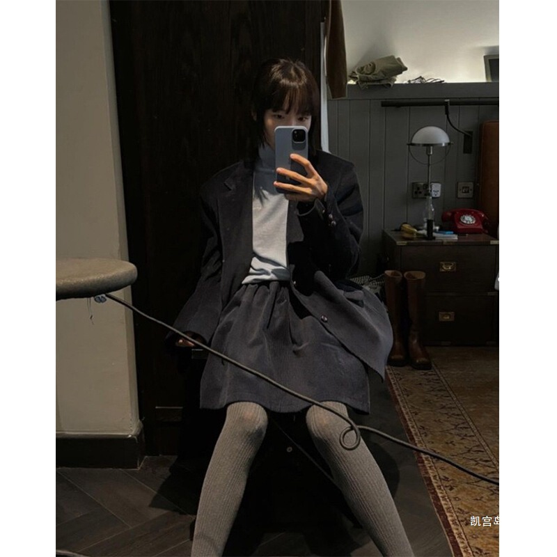 Korean Retro Corduroy Navy Blue Blazer and Elastic Skirt Set for Women, Spring and Autumn