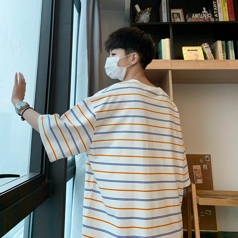 Ins American-Style Summer Short-Sleeve Men's Loose Trendy Striped T-Shirt Student Couple Internet Celebrity Cool Short-Sleeve Cheap