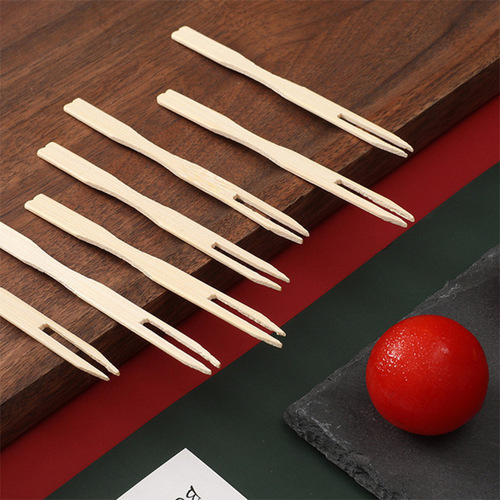 Disposable Bamboo Fruit Fork Two-Tine Dessert Fork Cake Fork Bamboo Stick Food Eco-Friendly Love Fork 100 pieces/bag