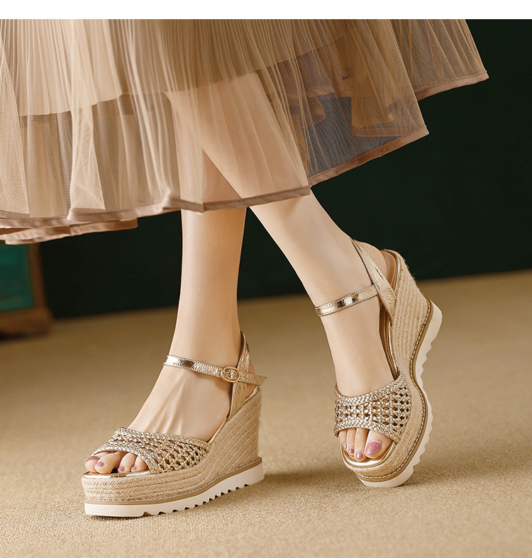 Sandal cao gót nữ mũi vuông hở ngón, đế xuồng đan rơm, gót 9 cm — màu vàng, bạc chi tiết 11