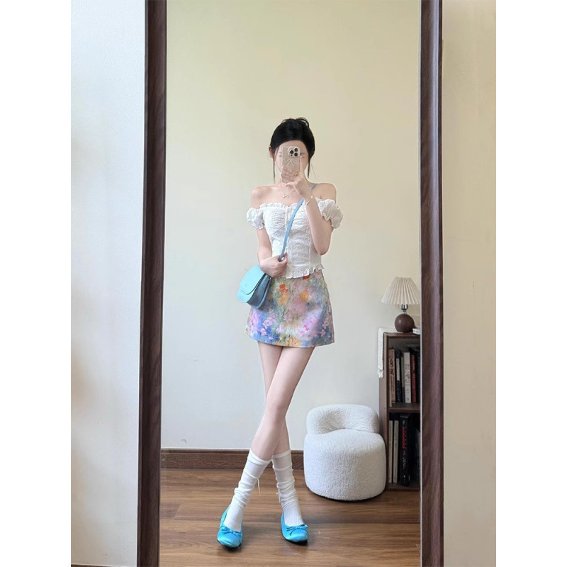 달콤한 발레 스타일의 여성스러운 스타일, 컬러풀한 유화 꽃무늬 힙허깅 스커트 슈트