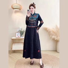 立领盘扣棉麻马夹裙女民族风刺绣长裙2025秋季复古无袖连衣裙女