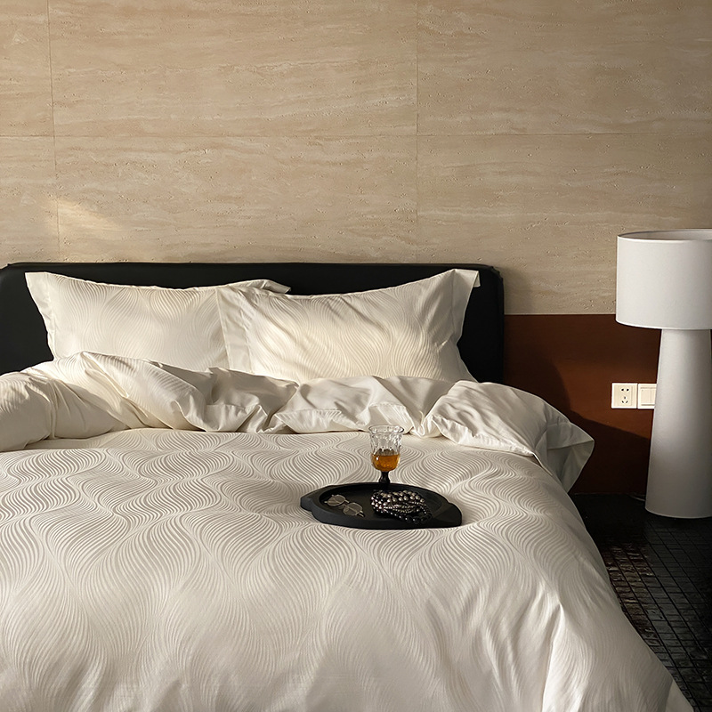 Light Luxury Style High Count Cotton Four-Piece Set Simple Wave Pattern Jacquard Quilt Cover Soft Cotton 1.8m Bedding