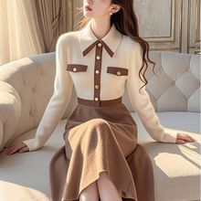 超好看咖色拼接撞色针织连衣裙秋冬季温柔穿搭收腰打底毛衣裙