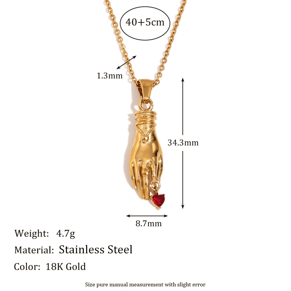 304 Stainless Steel Pendant Material Rhinestones Inlay Material Wholesale Jewelry Retro Hand Heart Shape 304 Stainless Steel Rhinestones 18K Gold Plated Plating Inlay Pendant Necklace Cable Chain
