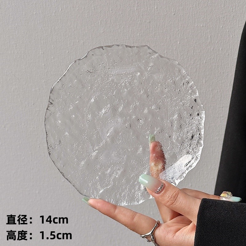 Plato de vidrio irregular glaciar japonés plato de refrigerio casero plato de frutas bandeja de postre circular cubiertos