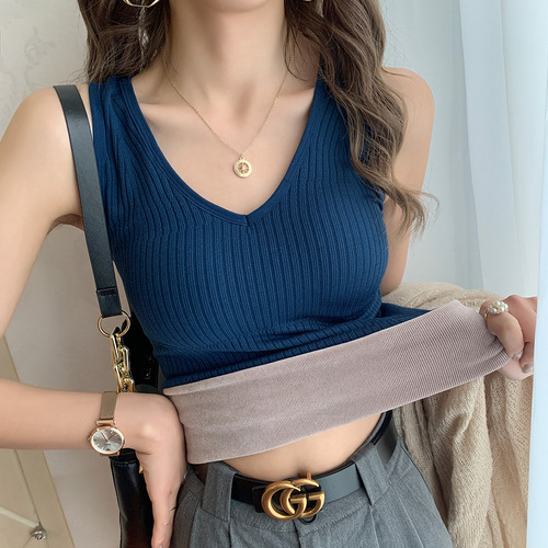 Women's V-neck padded warm vest with thermal lining, suitable for autumn and winter, warm innerwear, double-layer base shirt top with thermal properties