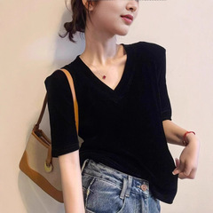 金丝绒垫肩短袖T恤女欧洲站2025早秋新款欧货女装修身打底小衫潮