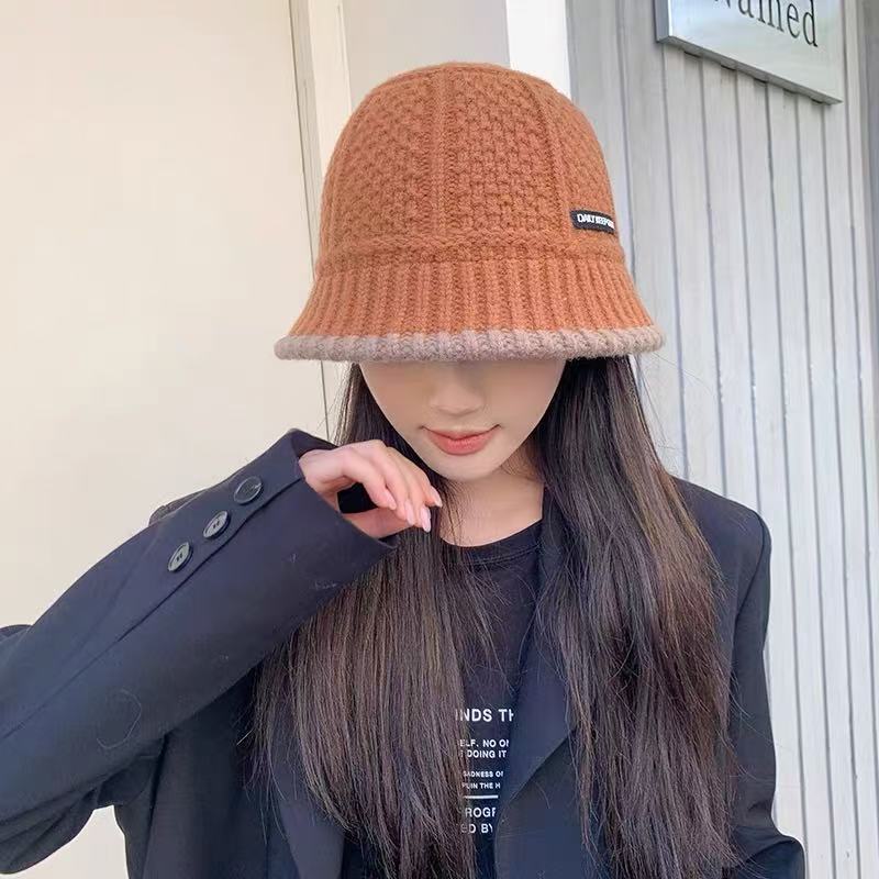 韩版毛线渔夫帽女秋冬保暖贴布字母盆帽时尚气质百搭针织水桶帽子|undefined