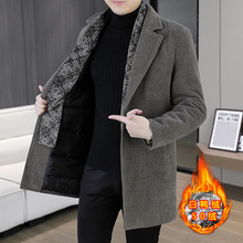 中长款毛呢大衣男士韩版围巾帅气风衣白鸭绒填充保暖加厚青年外套