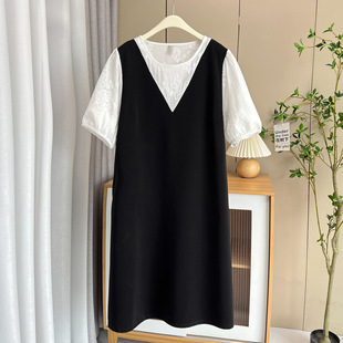 200kg fat sister 2024 summer new plus size women casual fake two short sleeve long dress 4470