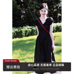 韩版黑色V领连衣裙女夏季新款褶皱收腰显瘦设计泡泡袖A字裙长裙子