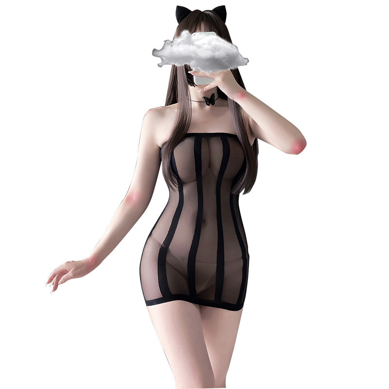 Sexy lencería sexy ver a través de tubo de rayas Top vaina falda malla ropa mono sexy medias pelo generación