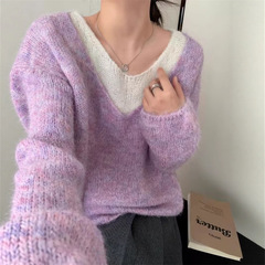 秋冬新款套头毛衣女外搭女韩版短款领宽松软糯假两件纯色针织上衣