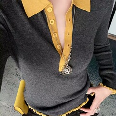 花倾慕撞色polo领长袖针织衫女秋季新款修身显瘦洋气毛衣女95530